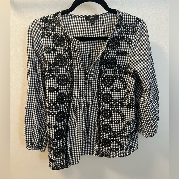 J.Crew Gingham Embroidered Eyelet Popover Blouse Black - Picture 3 of 4